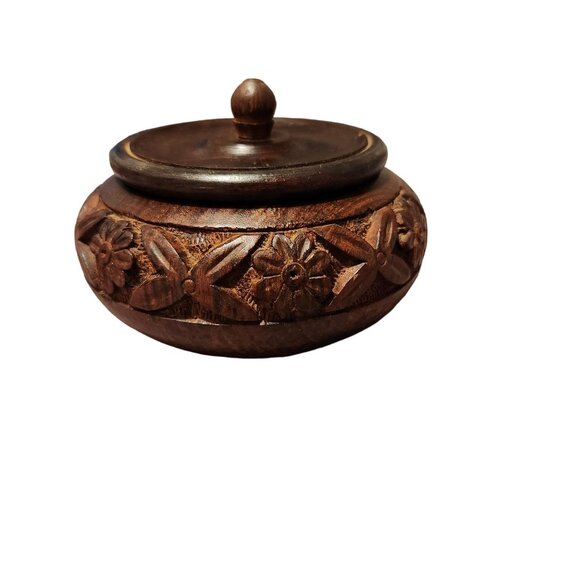 Handmade Vintage Carved Wooden Trinket Box With Lid Floral Design 3.5 Inch Heigh - Picture 5 of 14